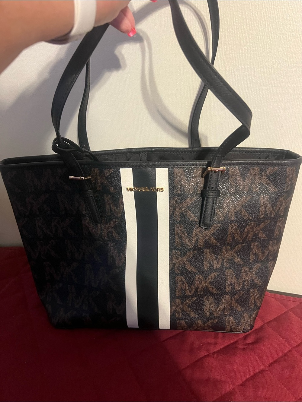 Michael Kors Brown MK Logo Tote with Black and White Center Stripe